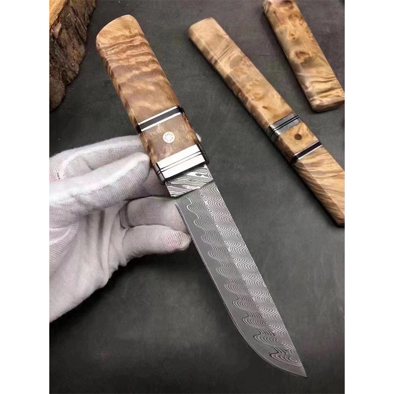 雨轩户外 手工野外小刀大马士革vg10钢直刀白影榴木手柄户外直刀