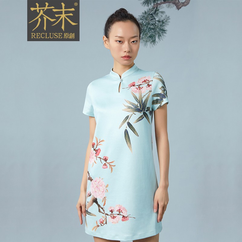 recluse  仙源/中国风改良旗袍女桃花连衣裙夏原创设计师女装 粉蓝