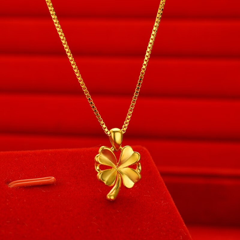 网红款金版四叶草项链 越南沙金女款仿金幸运草锁骨项链 吊坠+限时送链