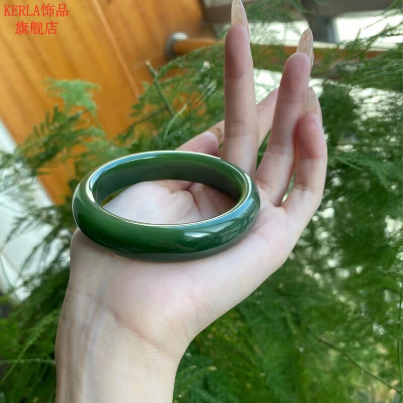 kerla和田玉碧玉手镯宽菠菜绿女款玉石镯子加宽加厚墨绿色玉镯子 内径