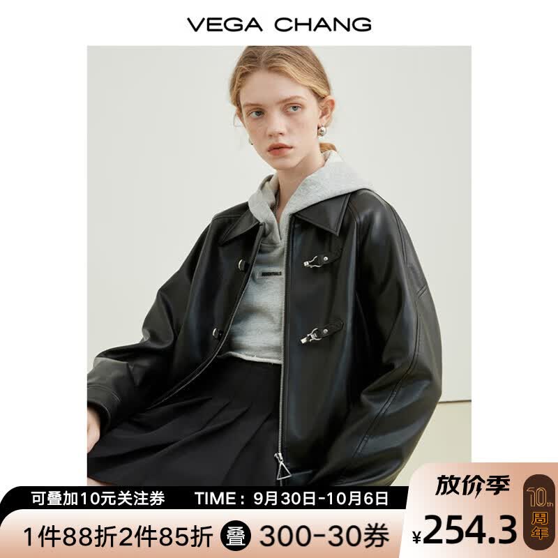 VEGA CHANG机车皮衣女秋2023年新款韩版bf风一字扣PU皮夹克外套 黑色 L属于什么档次？