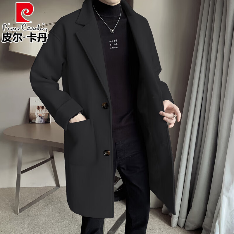 皮尔卡丹（pierre cardin）中长款毛呢大衣外套男士春秋季2025新款男装潮流宽松毛呢大衣 黑色 S