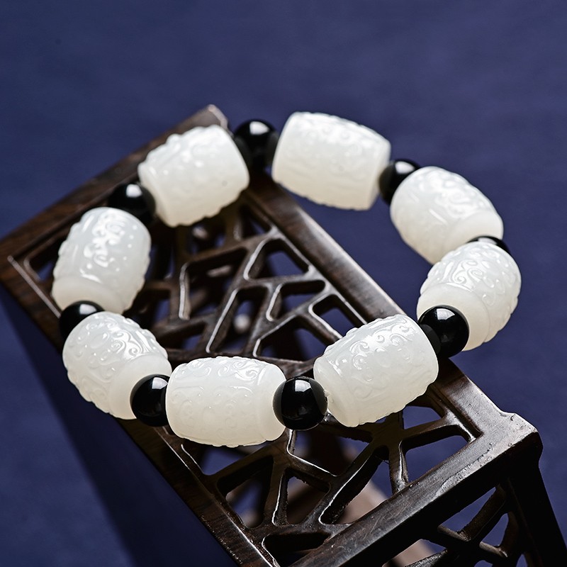 和田玉羊脂白玉貔貅兽纹桶珠玉手串  男款玉饰品手链 附带鉴定证书