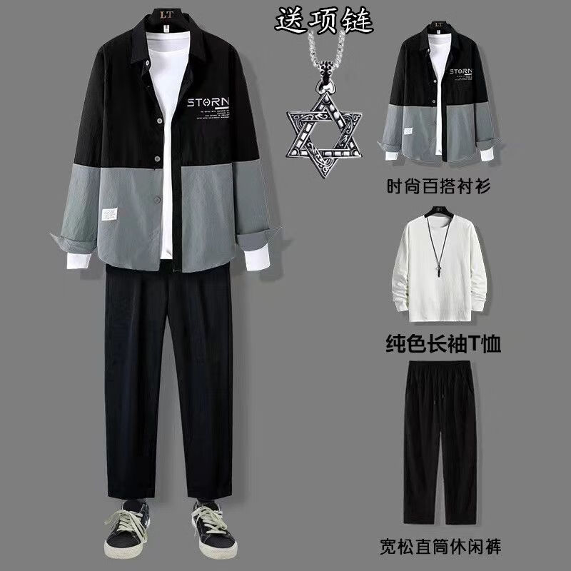 古跃鸿英伦雅痞复古男孩夹克男易穿搭三件套】ins港风春秋休闲套装