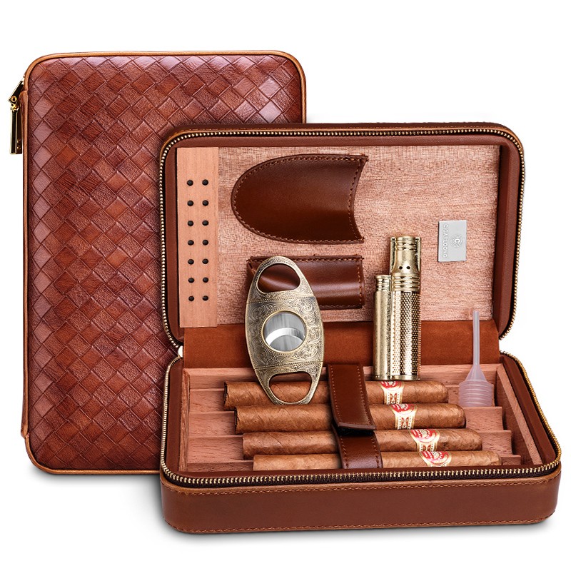 茄龙（CIGARLOONG）雪茄盒便携雪茄保湿皮质雪松木保湿带剪打火机套装 编织纹棕色套装
