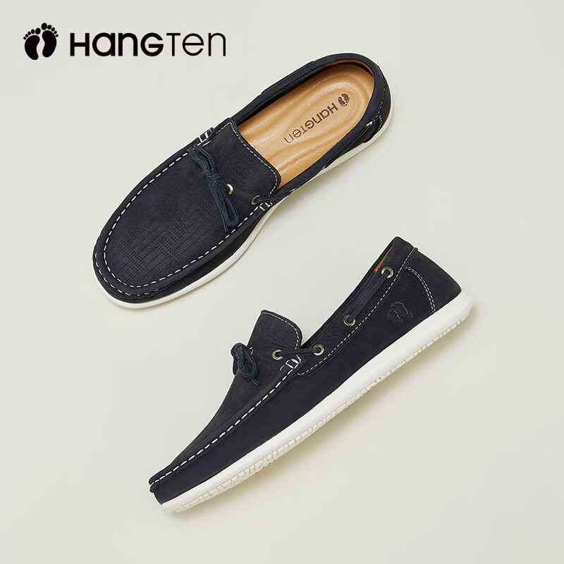 欢腾(HANG TEN)男鞋新款透气休闲鞋一脚蹬懒人鞋男士商务英伦皮鞋防滑软底鞋子男 卡其(偏大一码) 40