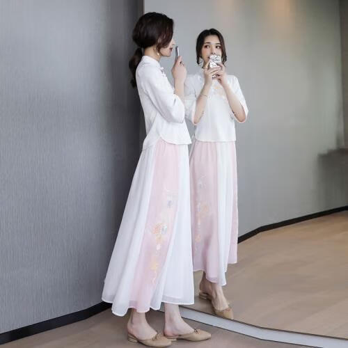 知特中国风女装民族风套装夏季套汉服古刺绣两件仙气伴娘服学生民国风