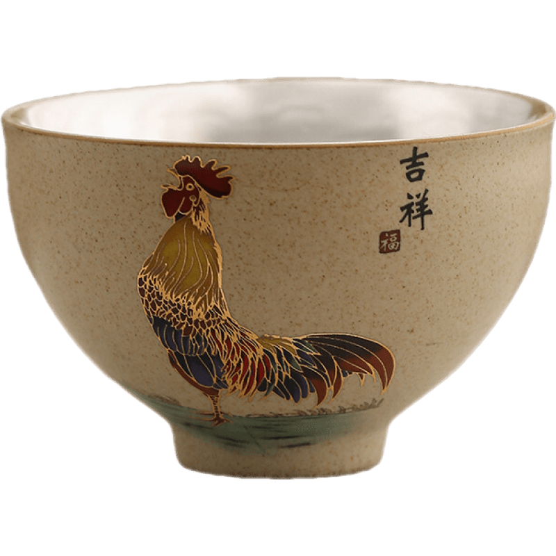 杯語（LANGUAGE OF CUP）999銀茶杯主人杯單杯公雞品茗杯鑲銀茶盞功夫茶碗 明黃色  金雞報喜描金杯