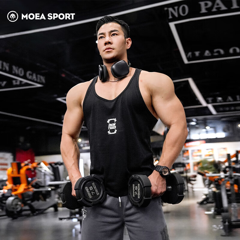 墨立方健身背心宽松肌肉男健美工字背心篮球训练上衣坎肩运动t恤 黑色