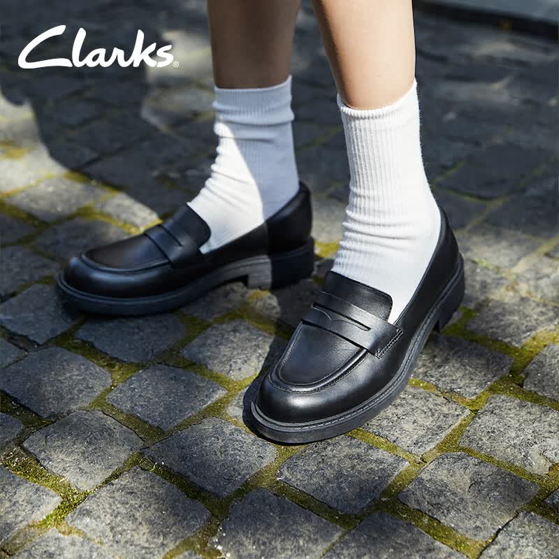 Clarks其乐奥芮系列女鞋厚底英伦一脚蹬舒适圆头方跟乐福鞋单鞋 黑色（加宽楦） 261747865 35.5