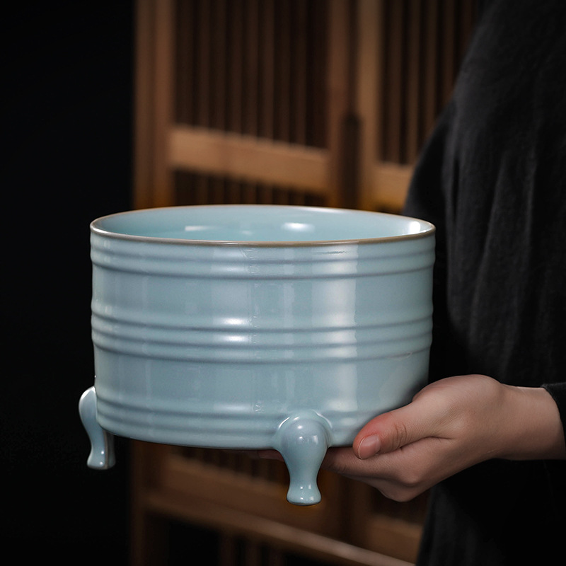 琪馨边 仿宋汝窑器天青三足尊玄纹尊汝瓷摆件客厅装饰品禅意仿古汝窑