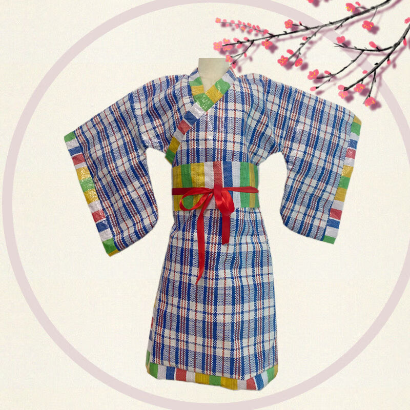 环保服装儿童子走秀环保套装幼儿园时装秀古装汉服演出汉服 蓝色方格