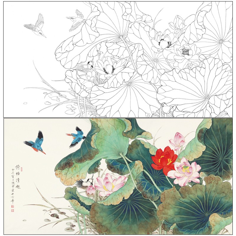 陈军工笔画白描底稿荷花翠鸟四尺原作大小66×130厘米花鸟线稿带a3
