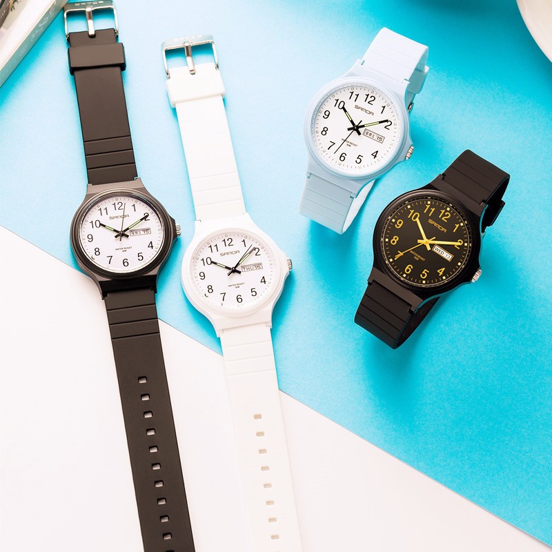 克洛奈CLNAI品牌手表超薄双日历夜光防水简约12数字学生考试腕表儿童男表女表多功能日期星期中性手表 黑带白面