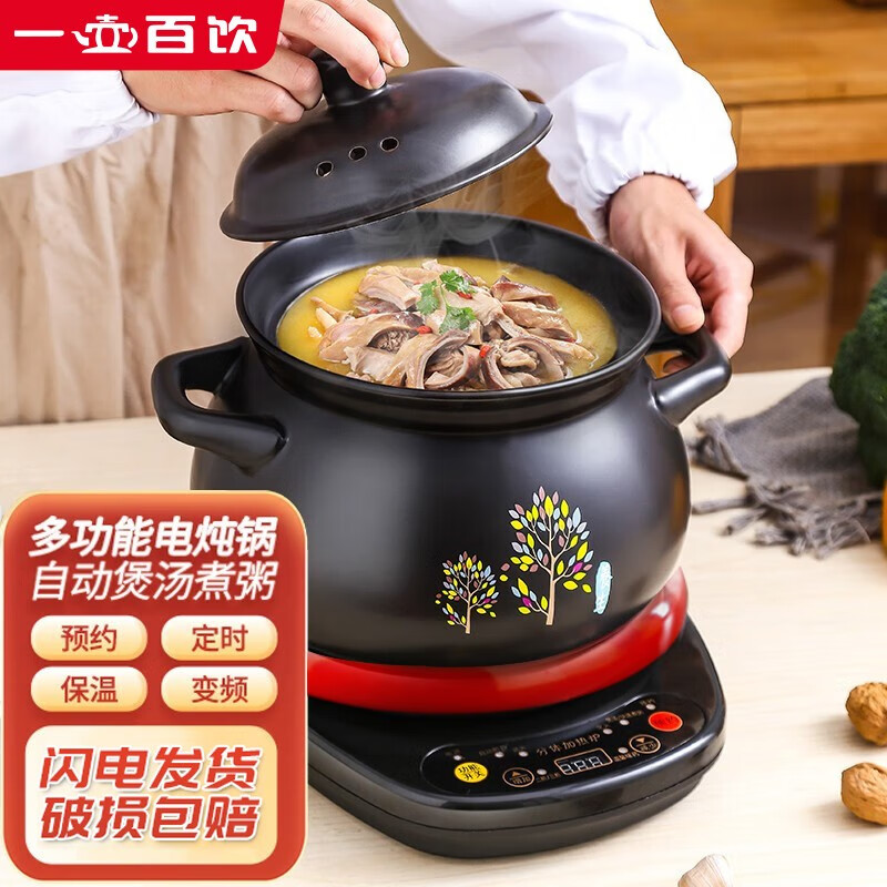 一壶百饮分体式全自动电炖锅电砂锅电汤锅电炖盅燕窝炖锅预约定时保温电炖砂锅煮粥煲汤耐高温锂辉石陶瓷锅 4L煲花(NFL)+红底座