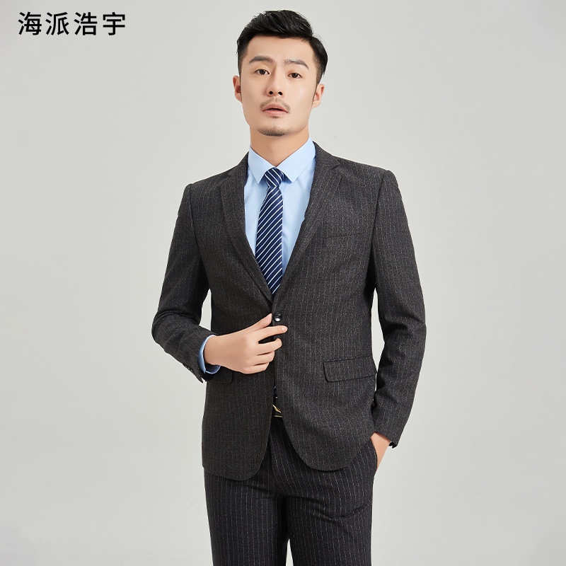 男商务正装修身深灰色竖条纹西装职业装中开衩 深灰色条纹 165/84a