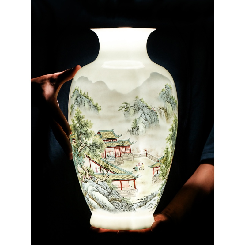 御梦赐轩 景德镇陶瓷器粉彩山水花瓶插花现代中式客厅家居电视柜装饰
