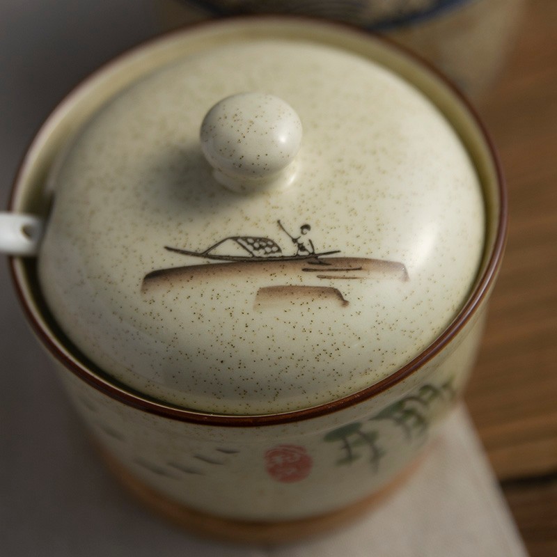 和风四季土火工坊釉下彩复古猪油罐油辣子罐家用餐厅盐罐调味罐陶瓷调料罐 和熙调料罐（360ml）配小白瓷勺