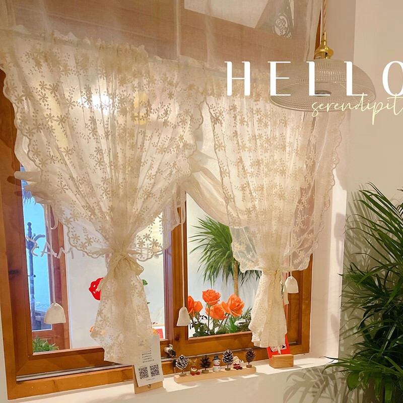 蕾丝白纱窗纱法式轻奢阳台客厅 绣花纱穿杆下移3厘米 不接受宽度定制