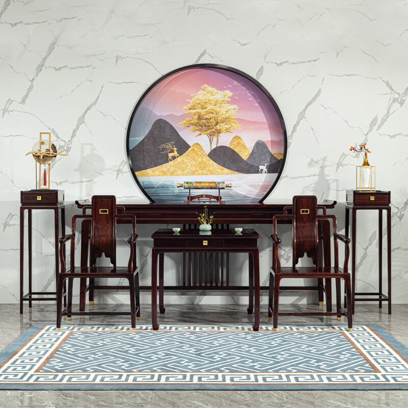 梨言血檀(学名:染料紫檀)中堂六件套 新中式别墅供桌神台条案 中堂六