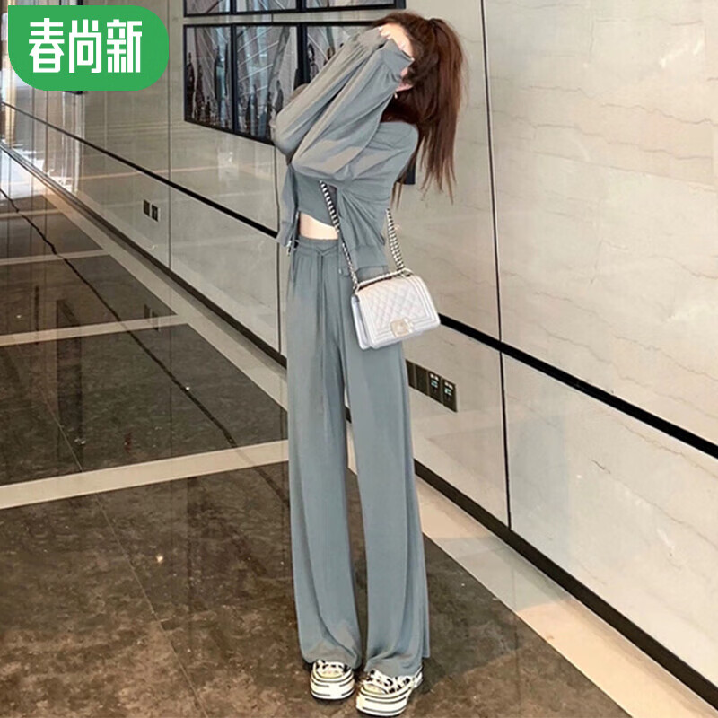 潮牌休闲运动套装女秋季新款时尚洋气减龄显瘦阔腿裤背心女潮 灰绿色