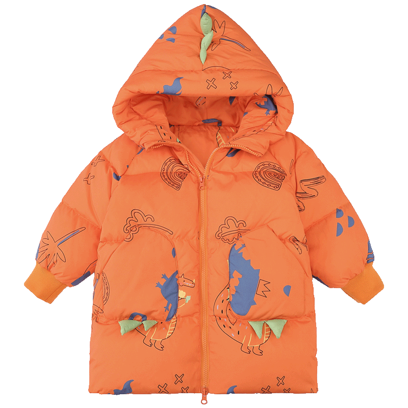 鸭鸭25新款冬装男童中长款羽绒服宝宝小童儿童印花加厚外套 橘色 110
