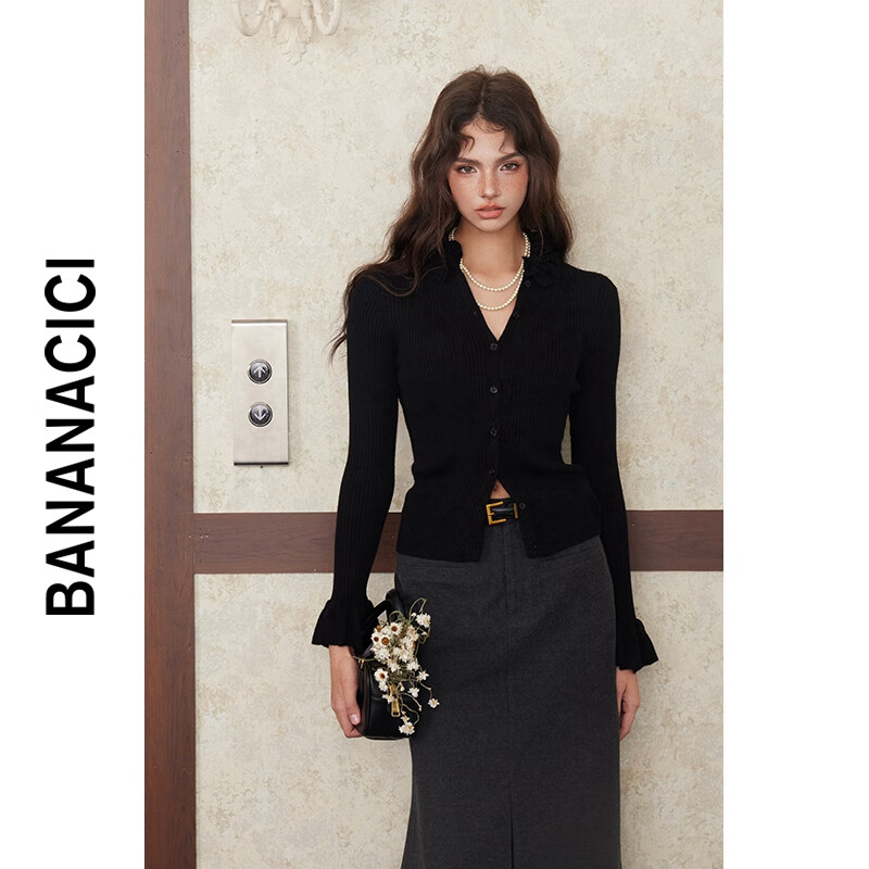 banana cici2024年冬季新款温柔百搭荷叶领针织开衫女修身打底衫C244MY184 黑色 L