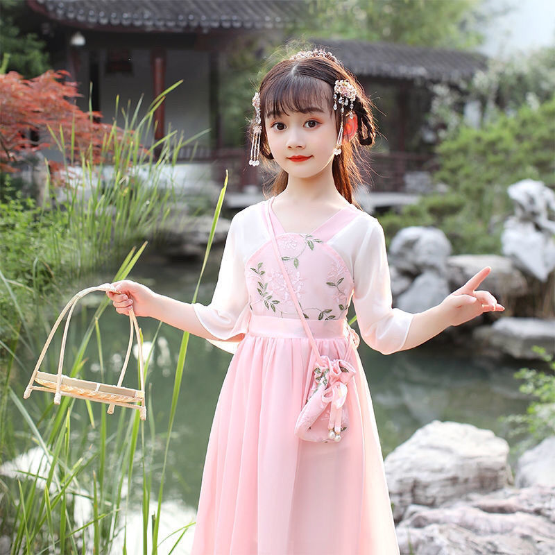 女童汉服连衣裙夏装新款儿童中国风洋气裙子夏季仙女孩古装 刺绣粉色 130码建议身高120cm