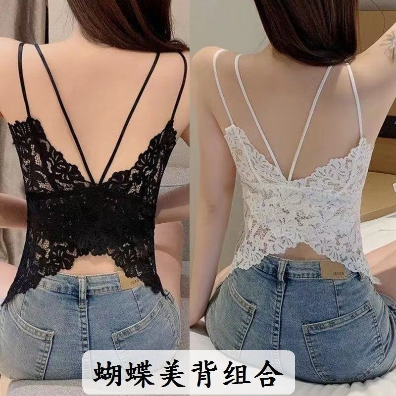衫防走光美背抹胸少女生短款上衣蕾丝美背文胸一体吊带背心式上衣潮流