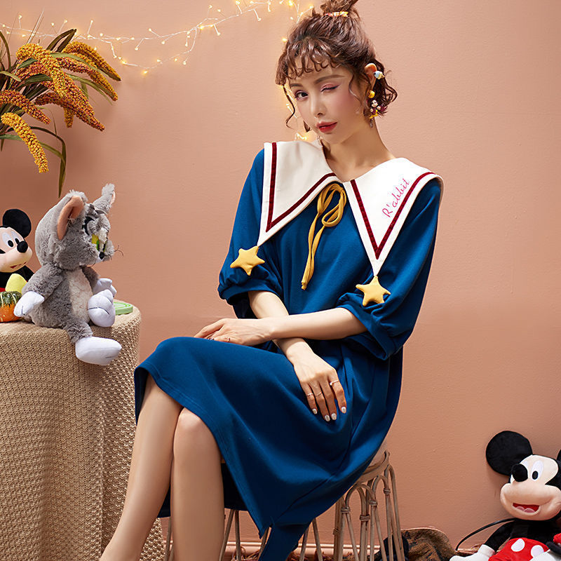 少女生睡裙子宽松韩版休闲中长款学生睡衣女夏季质短袖公主风长款过膝