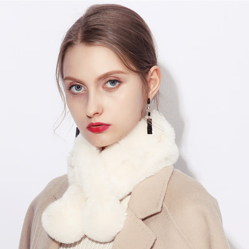 达芬奇密码 围脖双管双球冬季流行时尚日系可爱仿獭兔毛纯色 奶白双球