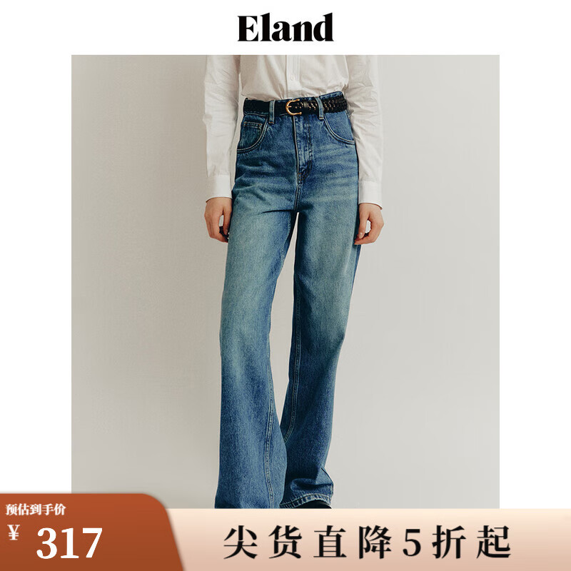 ELAND衣恋高腰牛仔裤女纯棉经典复古怀旧风时尚宽松长裤子 牛仔色(55)Indigo S/160