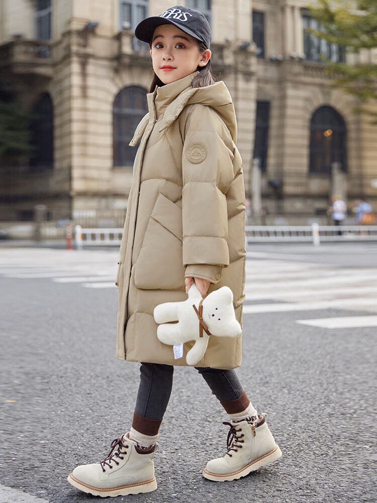 ABC KAIA正品女童羽绒服2025新款中长款儿童加厚冬季中大童装宝宝女孩外套 卡其色 160 建议90-105斤