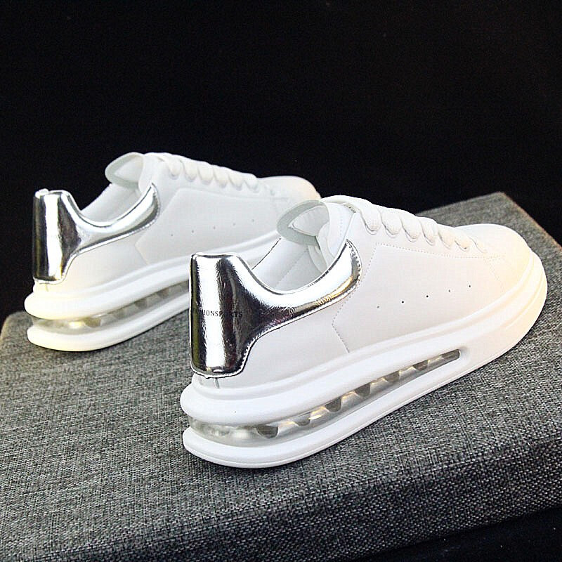 春秋新款气垫小白鞋男士内增高老爹鞋韩版潮流运动板鞋 白银(平底款)