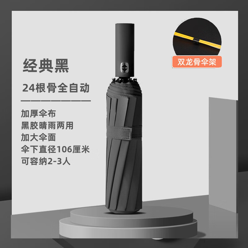 迷人的美人魚24骨雙龍骨全自動傘男女折疊加大遮陽傘高顏值擋曬擋 【24骨雙龍骨自動傘】-經(jīng)典黑