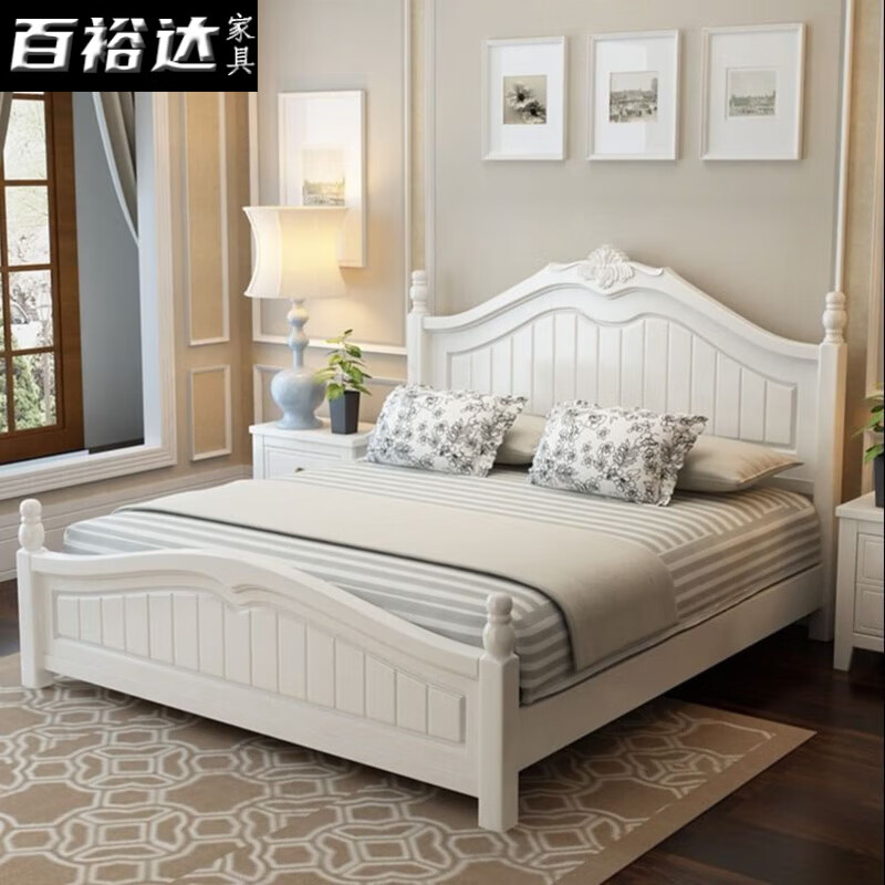 百裕達(dá)全實(shí)木床雙人床現(xiàn)代簡(jiǎn)約美式橡木床主臥室儲(chǔ)物歐式田園白色公主床 床+20公分彈簧床墊+1個(gè)床頭柜 1500mm*2000mm（結(jié)構(gòu)聯(lián)系客服）