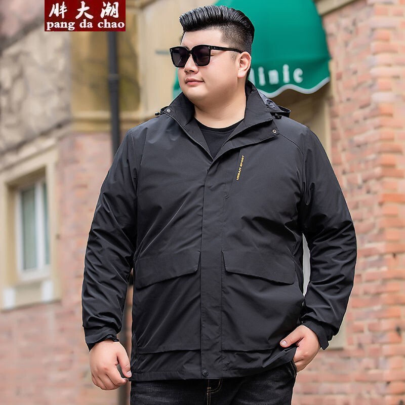 200斤男大胖子穿衣搭配,适合200斤男生穿的衣服 胖大潮大码夹克男运动宽松加肥加大冲锋上衣潮青年秋装连帽胖子工装