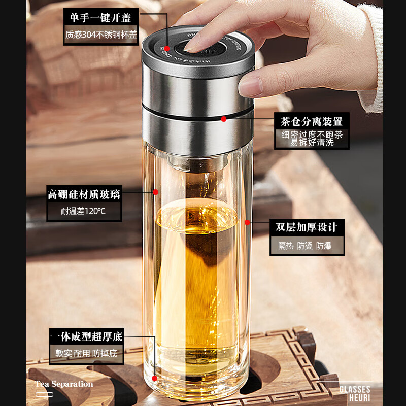 ZSR高硼硅双层玻璃杯一键开盖车载防止摔茶杯茶水分离钢化玻璃泡茶杯 【双层】一键开盖-500毫升-升级