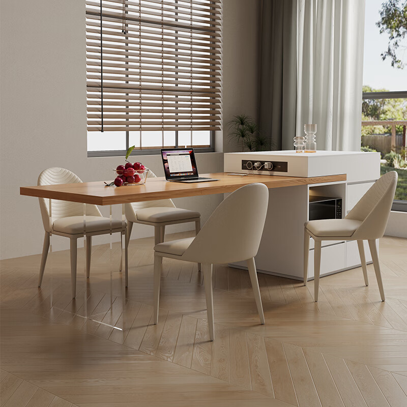 由曲(youqu)侘寂奶油风岩板岛台餐桌一体现代开放式厨房亚克力悬浮感