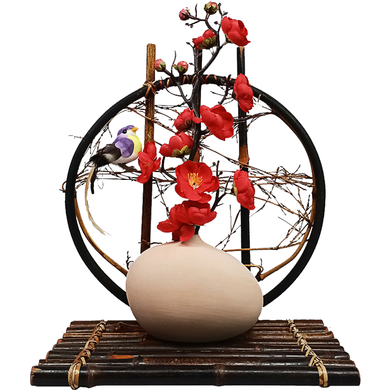 美异竹花器摆件花家居客厅摆设花艺创意装饰鸟工艺品国风花好月圆禅意 红色整套+小鸟颜色随机