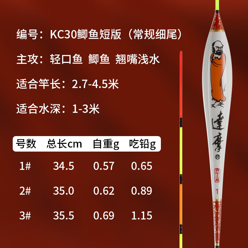 达摩 浮漂KC30高灵敏去壳孔雀羽浮标加粗尾醒目综合黑坑竞技野钓鱼漂 KC30(鲫鱼款)细尾 1号