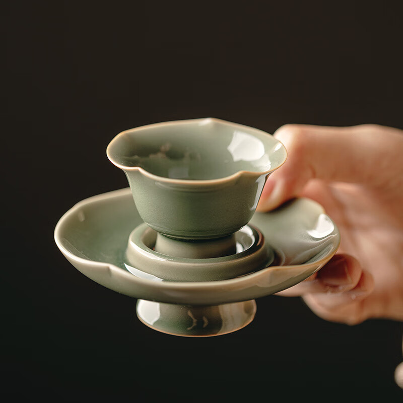 束刻越窑青瓷宋韵高足花口杯葵花茶盏古器手工茶具 越窑青瓷-高足花口