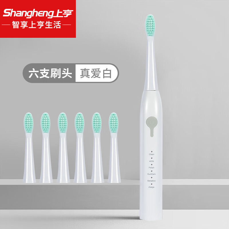 上亨（shangheng） 电动牙刷成人男女士情侣款牙刷学生防水软毛牙刷家用充电式电动牙刷 珍爱白五档模式【6个刷头】