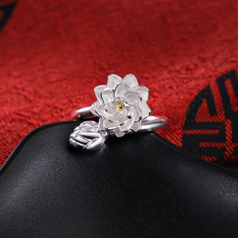 戒指女生足银开口个性简约真银莲花戒指足银戒指 金色可转动莲花戒指