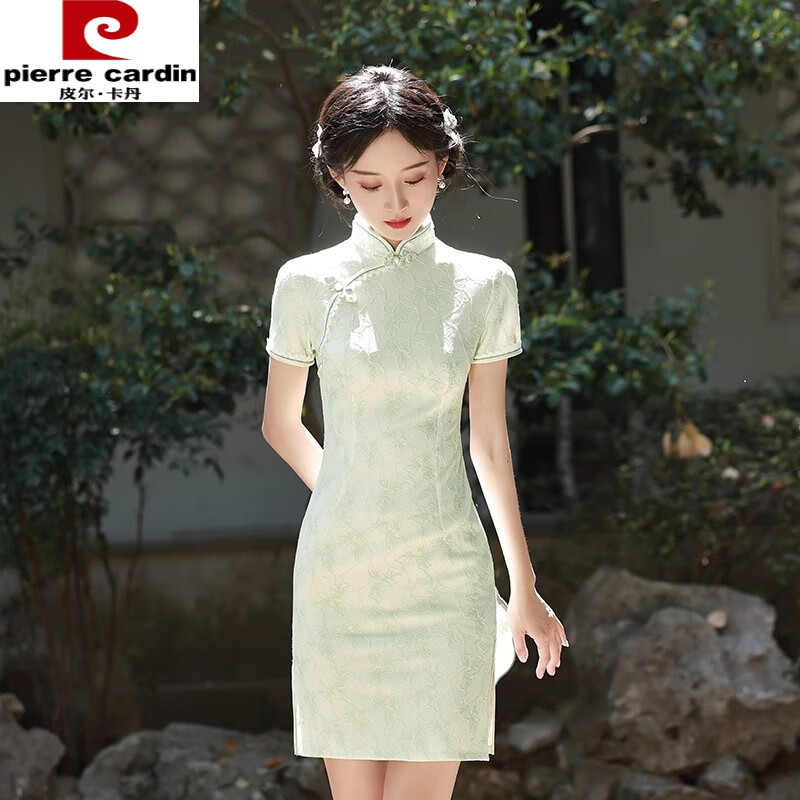 皮尔卡丹（pierre cardin）绿色旗袍小个子新款2024新中式夏季连衣裙改良年轻款少女学生短款 浅绿色短款 L