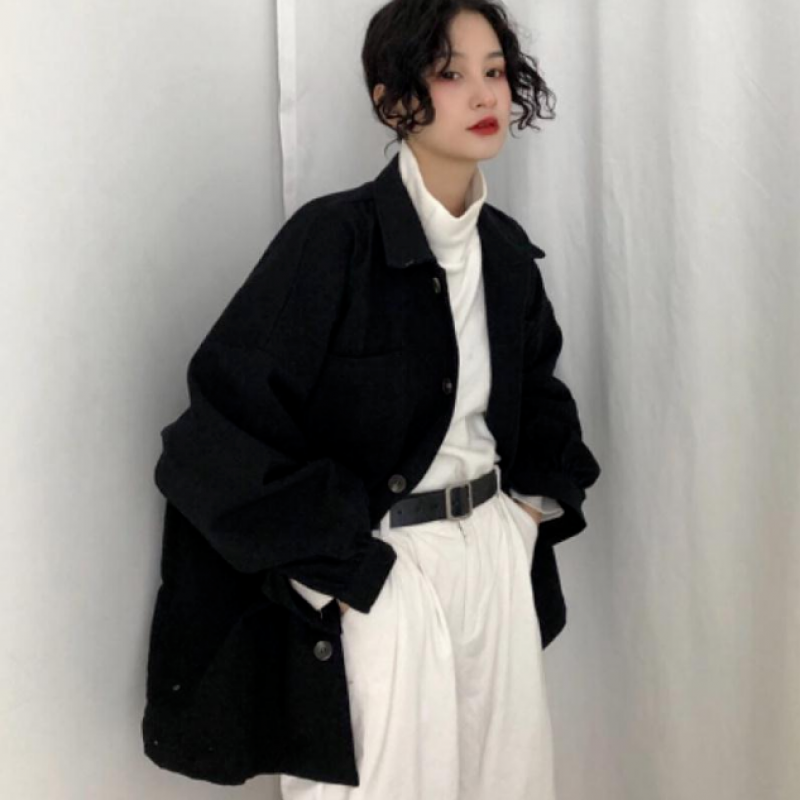 洛芊秋季2021新款复古港风宽松中长款polo领百搭长袖工装外套女上衣潮