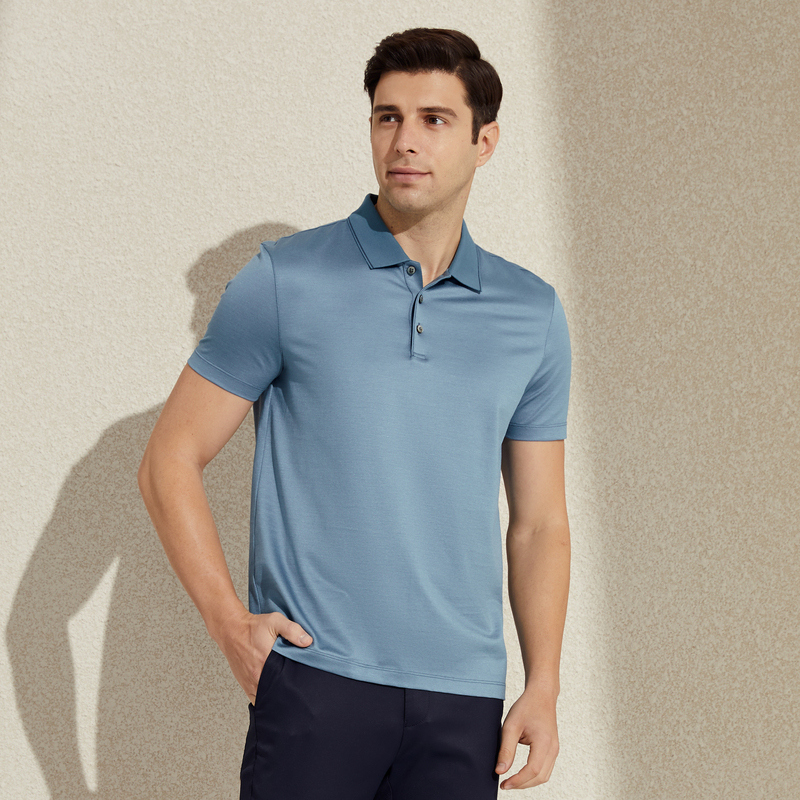 MAYOR男装新款春夏丝棉混纺商务休闲翻领微弹短袖POLO衫 浅蓝 S 165