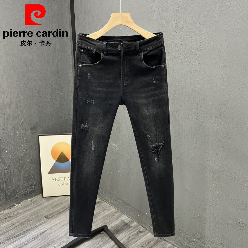 皮爾卡丹（pierre cardin）春秋季新款破洞補(bǔ)丁牛仔褲男修身小腳韓版潮流彈力休閑九分褲 黑色 31