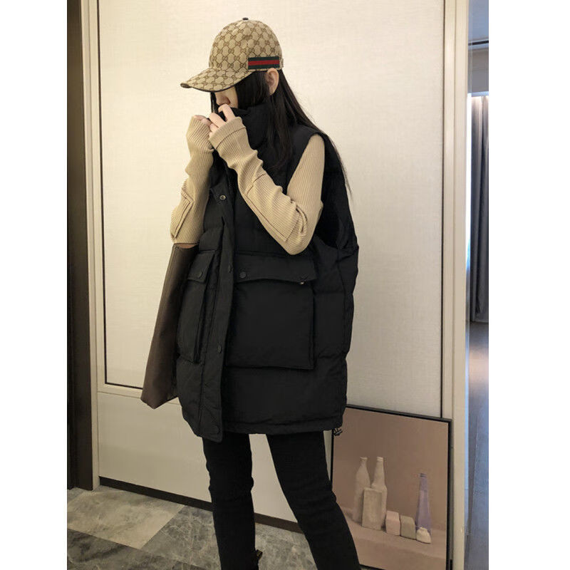 棉马甲女大版2021春秋新款韩版宽松棉背心坎肩马夹外套潮 黑色 m