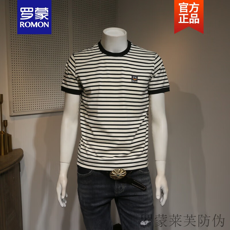 罗蒙(romon)潮牌条纹t恤短袖男圆领青年海魂衫夏季休闲打底小标刺绣